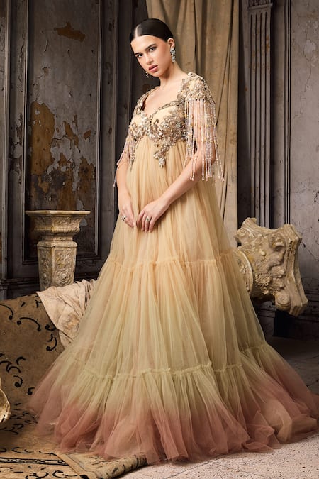 Rocky Star_Yellow Net Beads, Embroidery, Fringe Sweetheart Embellished Bodice Ombre Gown  _Online_at_Aza_Fashions