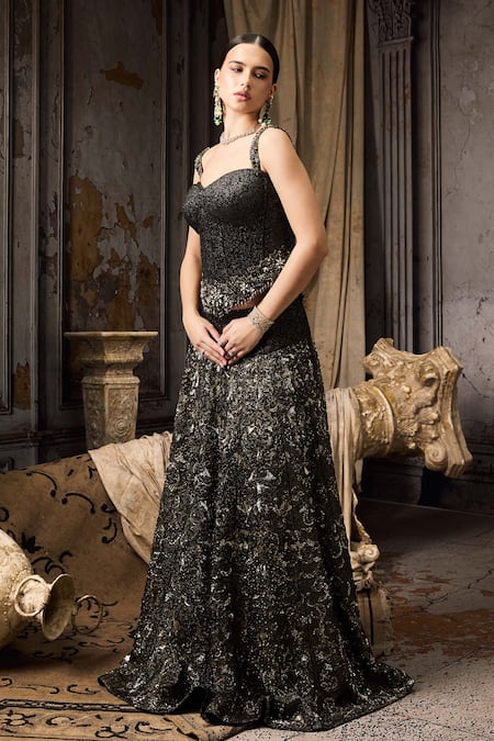 Rocky Star_Black Polyester, Lurex Sequins, Embroidery Sweetheart Neck Corset With Lehenga _Online_at_Aza_Fashions