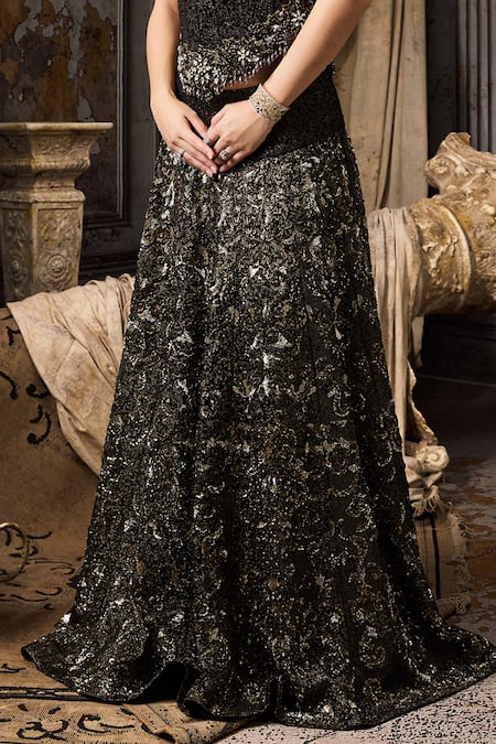 Buy_Rocky Star_Black Polyester, Lurex Sequins, Embroidery Sweetheart Neck Corset With Lehenga _Online_at_Aza_Fashions