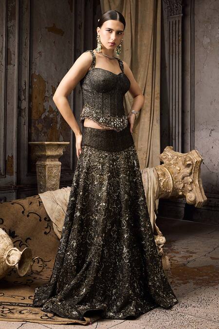 Shop_Rocky Star_Black Polyester, Lurex Sequins, Embroidery Sweetheart Neck Corset With Lehenga _Online_at_Aza_Fashions