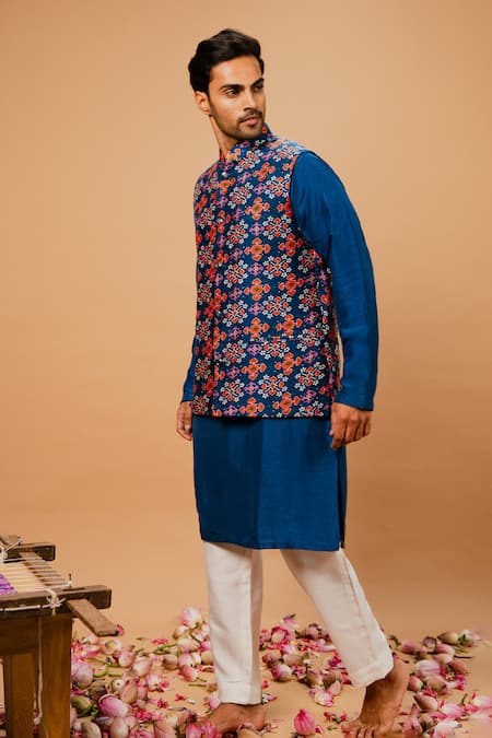 Shop_Ria Shah Label_Multi Color Dupion, Silk Patola Pattern Bundi Kurta Set _Online_at_Aza_Fashions