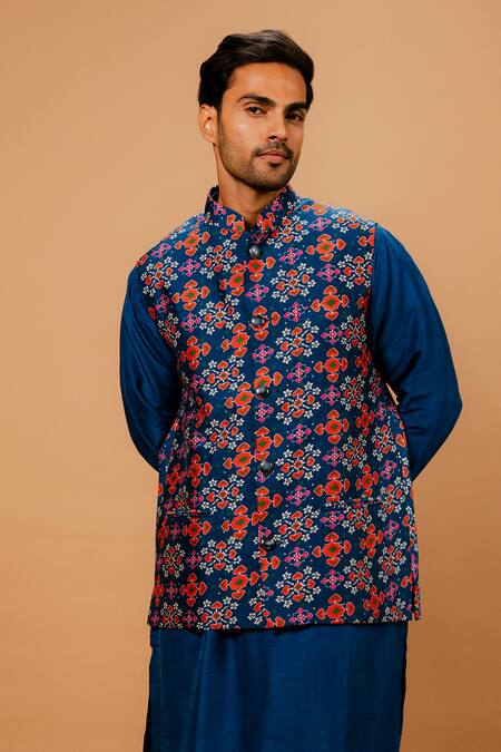 Ria Shah Label_Multi Color Dupion, Silk Patola Pattern Bundi Kurta Set _at_Aza_Fashions