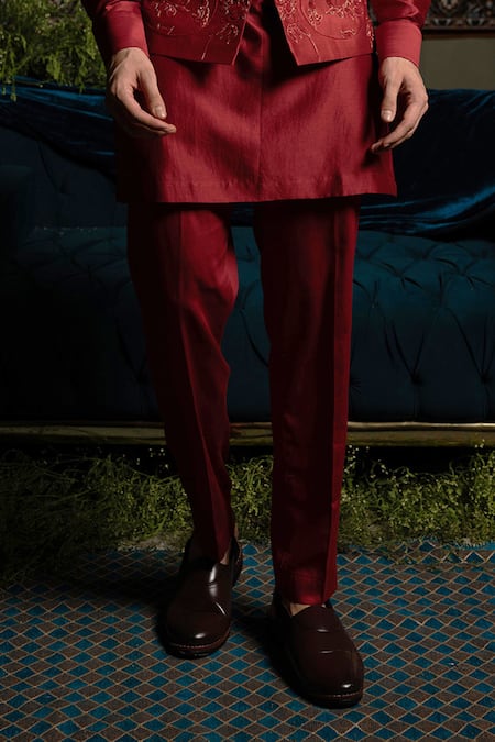 Runit Gupta_Red Chanderi , Vegan Embroidery, Zari Deep Blood Bundi And Kurta Set _Online_at_Aza_Fashions