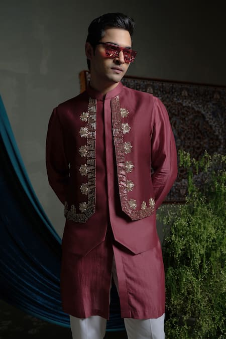 Runit Gupta Maroon Panelled Nehru Jacket 