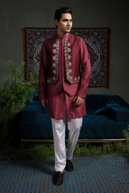 Runit Gupta_Maroon Chanderi Silk Embroidery, Beads Panelled Nehru Jacket _Online_at_Aza_Fashions