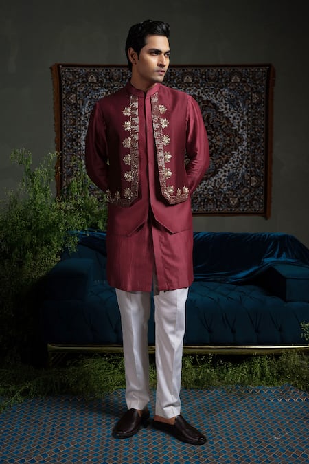 Buy_Runit Gupta_Maroon Chanderi Silk Embroidery, Beads Panelled Nehru Jacket _Online_at_Aza_Fashions