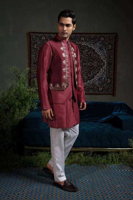 Shop_Runit Gupta_Maroon Chanderi Silk Embroidery, Beads Panelled Nehru Jacket _Online_at_Aza_Fashions