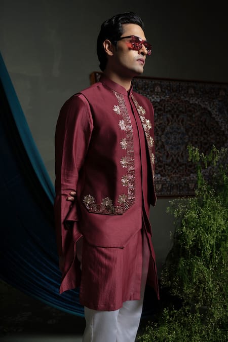 Runit Gupta_Maroon Chanderi Silk Embroidery, Beads Panelled Nehru Jacket _at_Aza_Fashions