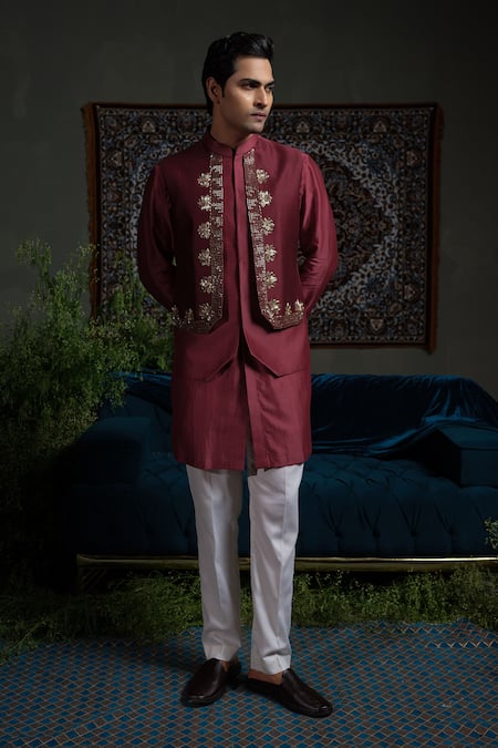 Runit Gupta Maroon Panelled Bundi & Kurta Set 