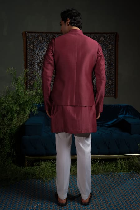Runit Gupta Maroon Panelled Bundi & Kurta Set 