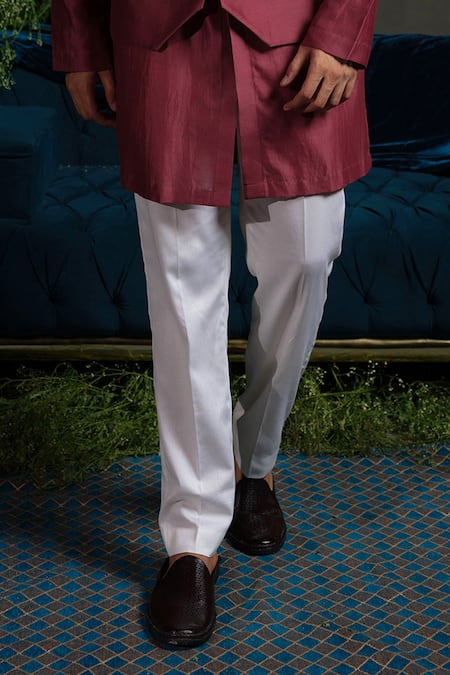 Buy_Runit Gupta_Maroon Chanderi , Vegan Embroidery, Metallic Panelled Bundi And Kurta Set _Online_at_Aza_Fashions