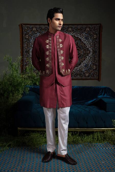 Shop_Runit Gupta_Maroon Chanderi , Vegan Embroidery, Metallic Panelled Bundi And Kurta Set _Online_at_Aza_Fashions