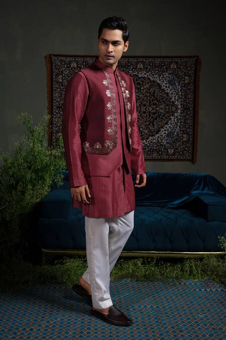 Runit Gupta_Maroon Chanderi , Vegan Embroidery, Metallic Panelled Bundi And Kurta Set _at_Aza_Fashions