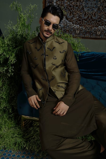 Runit Gupta Olive Zipper Nehru Jacket 