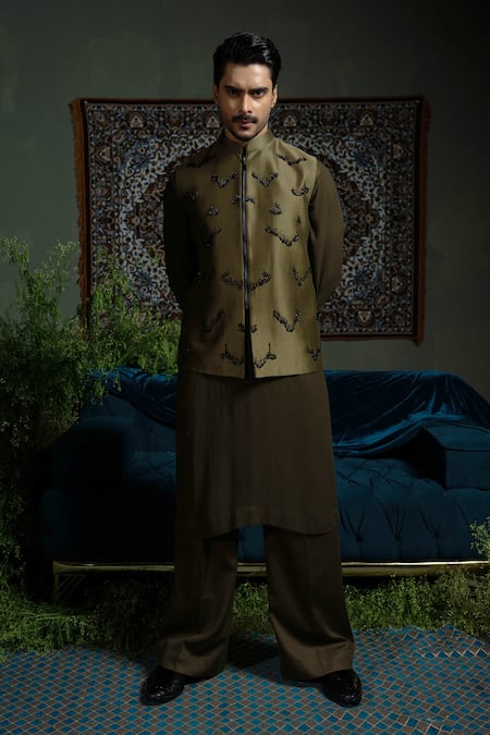 Runit Gupta_Olive Green Chanderi Silk Embroidery Zipper Nehru Jacket _Online_at_Aza_Fashions