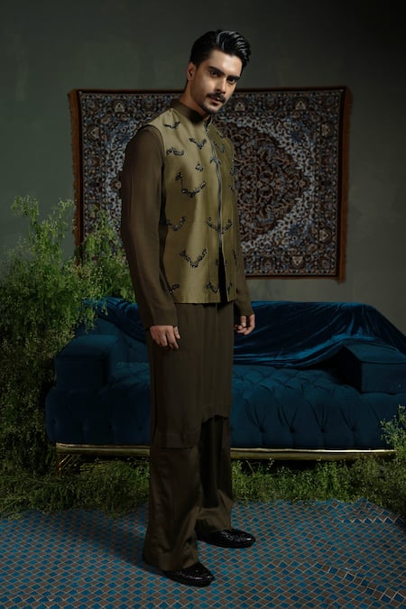 Buy_Runit Gupta_Olive Green Chanderi Silk Embroidery Zipper Nehru Jacket _Online_at_Aza_Fashions