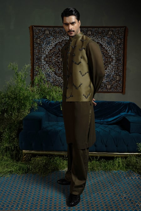 Shop_Runit Gupta_Olive Green Chanderi Silk Embroidery Zipper Nehru Jacket _Online_at_Aza_Fashions