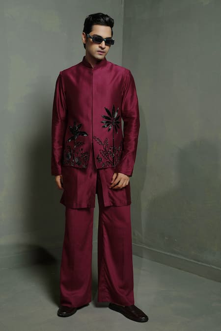Runit Gupta Wine Palm Bundi & Kurta Set 