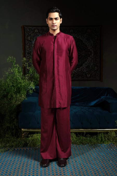 Runit Gupta_Wine Chanderi , Vegan Embroidery Palm Bundi And Kurta Set _Online_at_Aza_Fashions