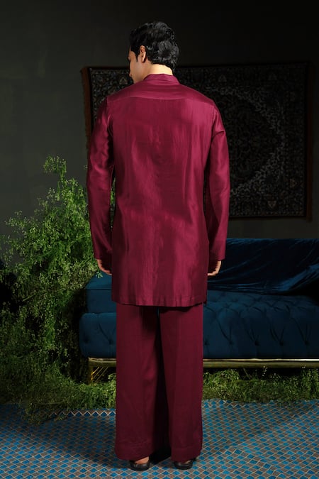 Buy_Runit Gupta_Wine Chanderi , Vegan Embroidery Palm Bundi And Kurta Set _Online_at_Aza_Fashions