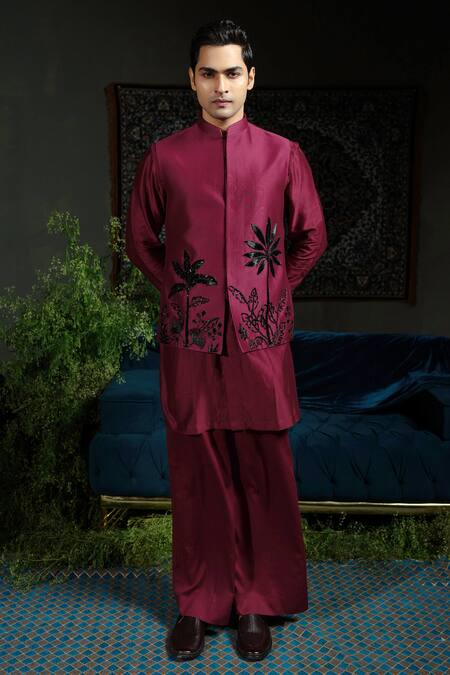 Shop_Runit Gupta_Wine Chanderi , Vegan Embroidery Palm Bundi And Kurta Set _Online_at_Aza_Fashions