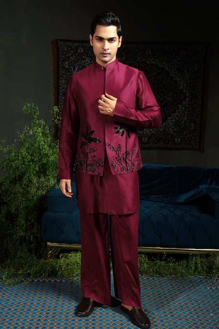 Runit Gupta_Wine Chanderi , Vegan Embroidery Palm Bundi And Kurta Set _at_Aza_Fashions