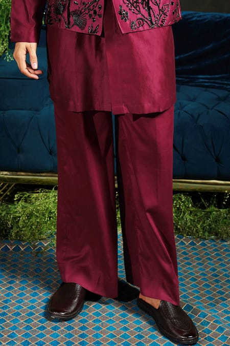 Buy_Runit Gupta_Wine Chanderi , Vegan Embroidery Palm Bundi And Kurta Set 