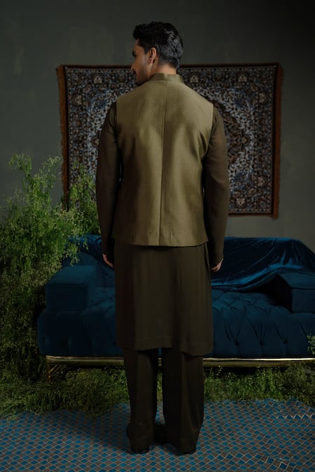 Runit Gupta Olive Zipper Bundi Set 