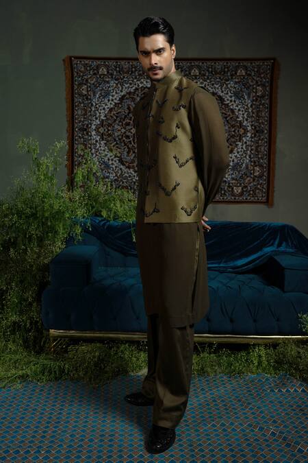 Buy_Runit Gupta_Olive Green Chanderi , , Georgette, Vegan Zipper Bundi Set _Online_at_Aza_Fashions