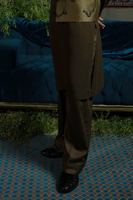 Shop_Runit Gupta_Olive Green Chanderi , , Georgette, Vegan Zipper Bundi Set _Online_at_Aza_Fashions