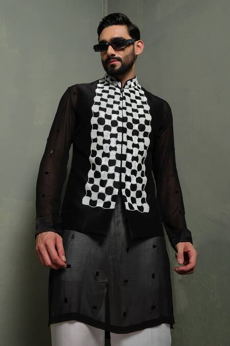 Shop_Runit Gupta_Black Chanderi Silk Embroidery Regal Retro Nehru Jacket _Online_at_Aza_Fashions