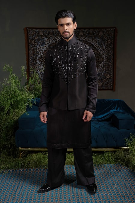 Runit Gupta_Black Chanderi Silk Embroidery Thunder Nehru Jacket _Online_at_Aza_Fashions