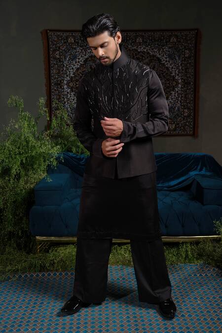 Buy_Runit Gupta_Black Chanderi Silk Embroidery Thunder Nehru Jacket _Online_at_Aza_Fashions
