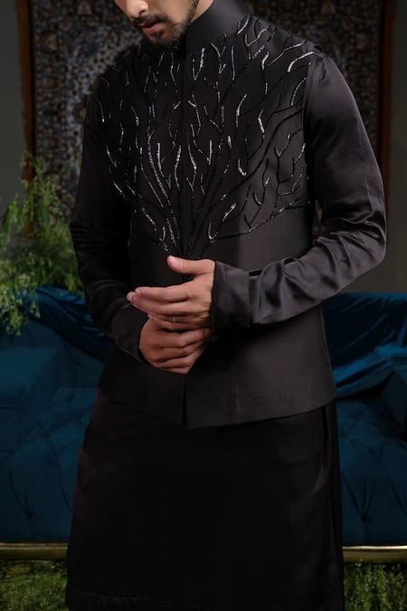 Shop_Runit Gupta_Black Chanderi Silk Embroidery Thunder Nehru Jacket _Online_at_Aza_Fashions