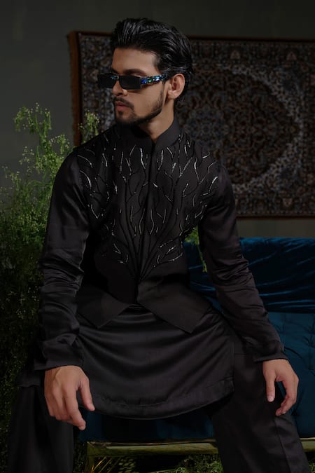 Runit Gupta_Black Chanderi Silk Embroidery Thunder Nehru Jacket _at_Aza_Fashions