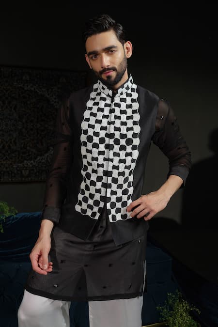 Runit Gupta_Black Chanderi , , Georgette, Vegan Regal Retro Bundi And Kurta Set _Online_at_Aza_Fashions