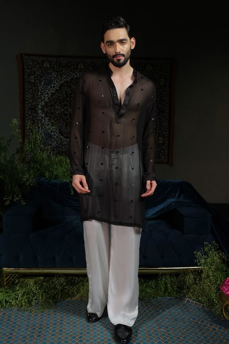 Buy_Runit Gupta_Black Chanderi , , Georgette, Vegan Regal Retro Bundi And Kurta Set _Online_at_Aza_Fashions