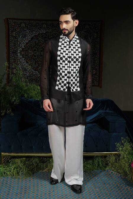 Shop_Runit Gupta_Black Chanderi , , Georgette, Vegan Regal Retro Bundi And Kurta Set _Online_at_Aza_Fashions