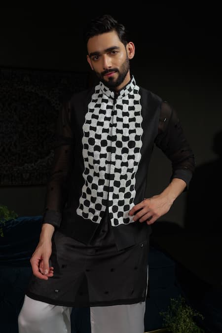 Buy_Runit Gupta_Black Chanderi , , Georgette, Vegan Regal Retro Bundi And Kurta Set 