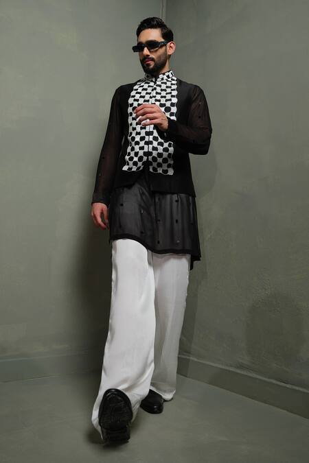 Shop_Runit Gupta_Black Chanderi , , Georgette, Vegan Regal Retro Bundi And Kurta Set 