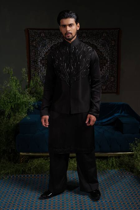 Runit Gupta_Black Chanderi , , Vegan Embroidery Thunder Bundi And Kurta Set _Online_at_Aza_Fashions