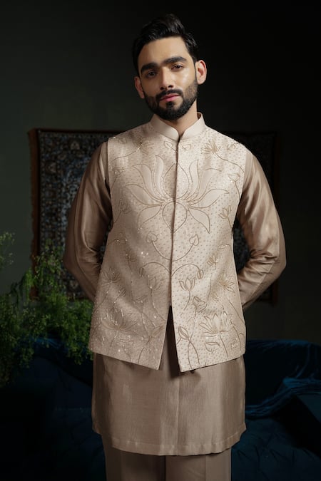 Buy_Runit Gupta_Beige Chanderi Silk Beads, Sequins Lotus Chheeta Embroidered Nehru Jacket _Online_at_Aza_Fashions