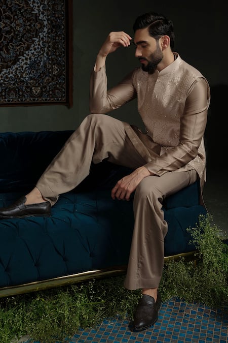 Shop_Runit Gupta_Beige Chanderi Silk Beads, Sequins Lotus Chheeta Embroidered Nehru Jacket _Online_at_Aza_Fashions