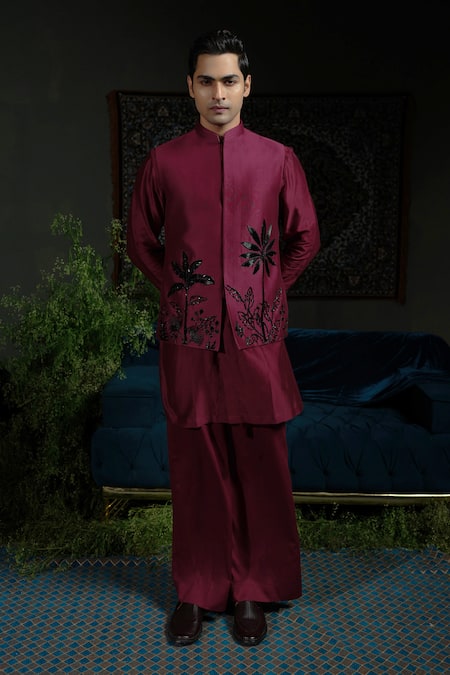 Runit Gupta_Wine Chanderi Silk Embroidery Palm Nehru Jacket _Online_at_Aza_Fashions