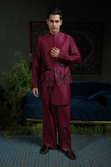 Buy_Runit Gupta_Wine Chanderi Silk Embroidery Palm Nehru Jacket _Online_at_Aza_Fashions