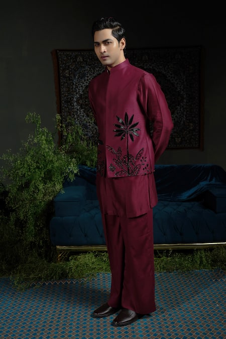 Shop_Runit Gupta_Wine Chanderi Silk Embroidery Palm Nehru Jacket _Online_at_Aza_Fashions