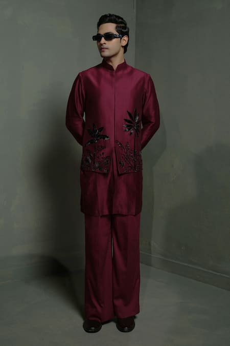 Runit Gupta_Wine Chanderi Silk Embroidery Palm Nehru Jacket _at_Aza_Fashions
