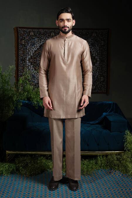 Runit Gupta_Beige Chanderi , Vegan Beads Lotus Chheeta Embroidered Bundi Set _Online_at_Aza_Fashions