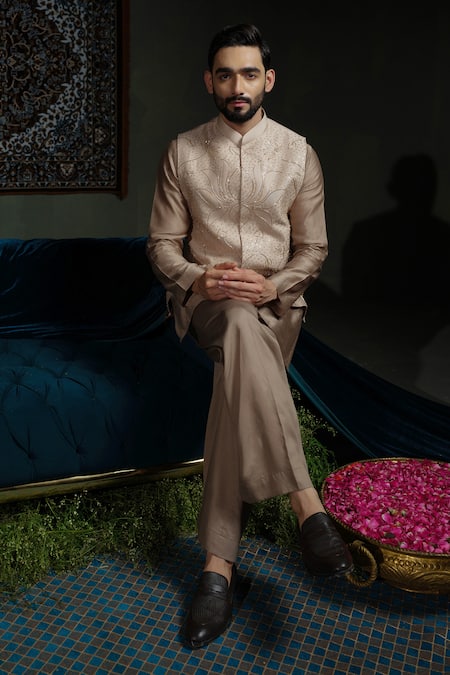 Shop_Runit Gupta_Beige Chanderi , Vegan Beads Lotus Chheeta Embroidered Bundi Set 