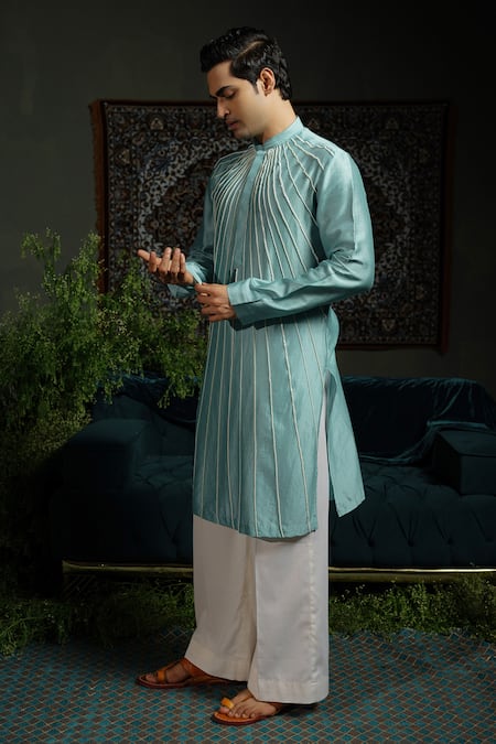 Runit Gupta_Aqua Chanderi , Vegan Beads Sunrays Embroidered Kurta Set _Online_at_Aza_Fashions
